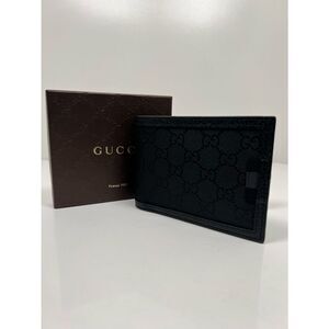 Gucci GG Black Canvas With Grained Leather Trim Bi fold Men wallet with Insert